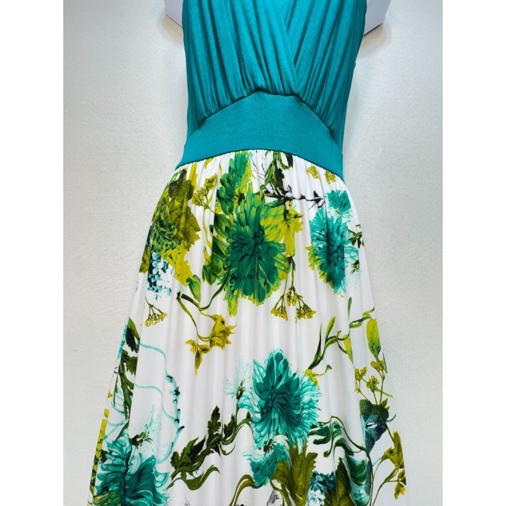 Gilli Teal & Floral Maxi Dress - Sleeveless V-Neck - Chic Beach Stunning - USA - Picture 3 of 15